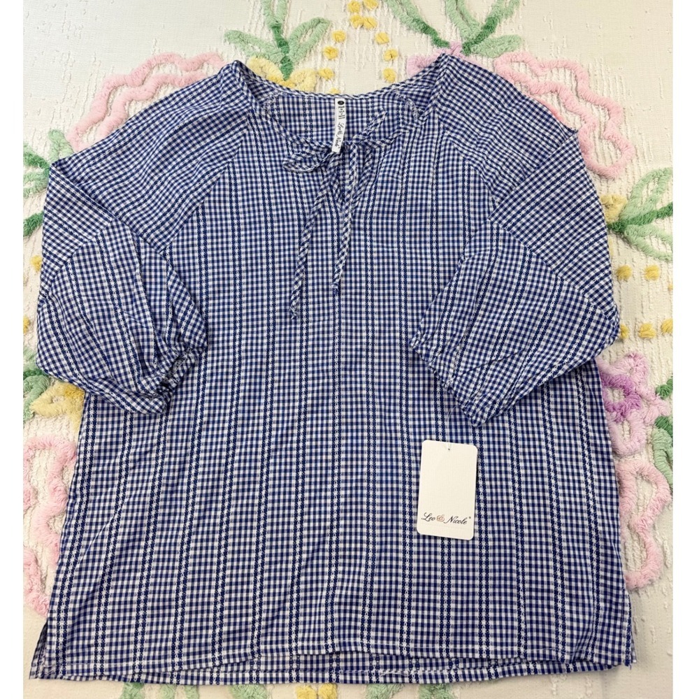 Leo‎ Nicole Blue Gingham Tie Neck Blouse Women's Size Small Puff Sleeve